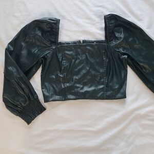 7 For or All Mankind Green Square Neck Long Sleeve Faux Leather Crop Top